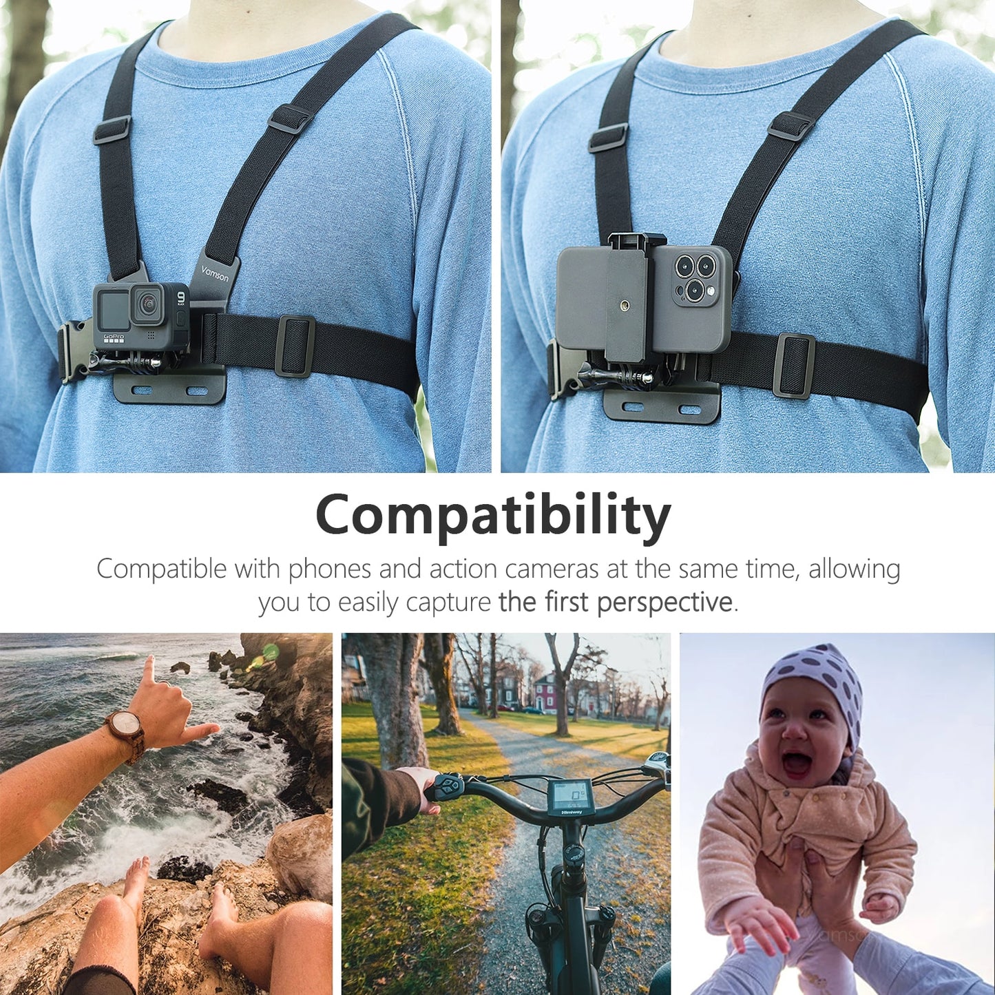 Adjustable and rotatable mobile phone chest harness